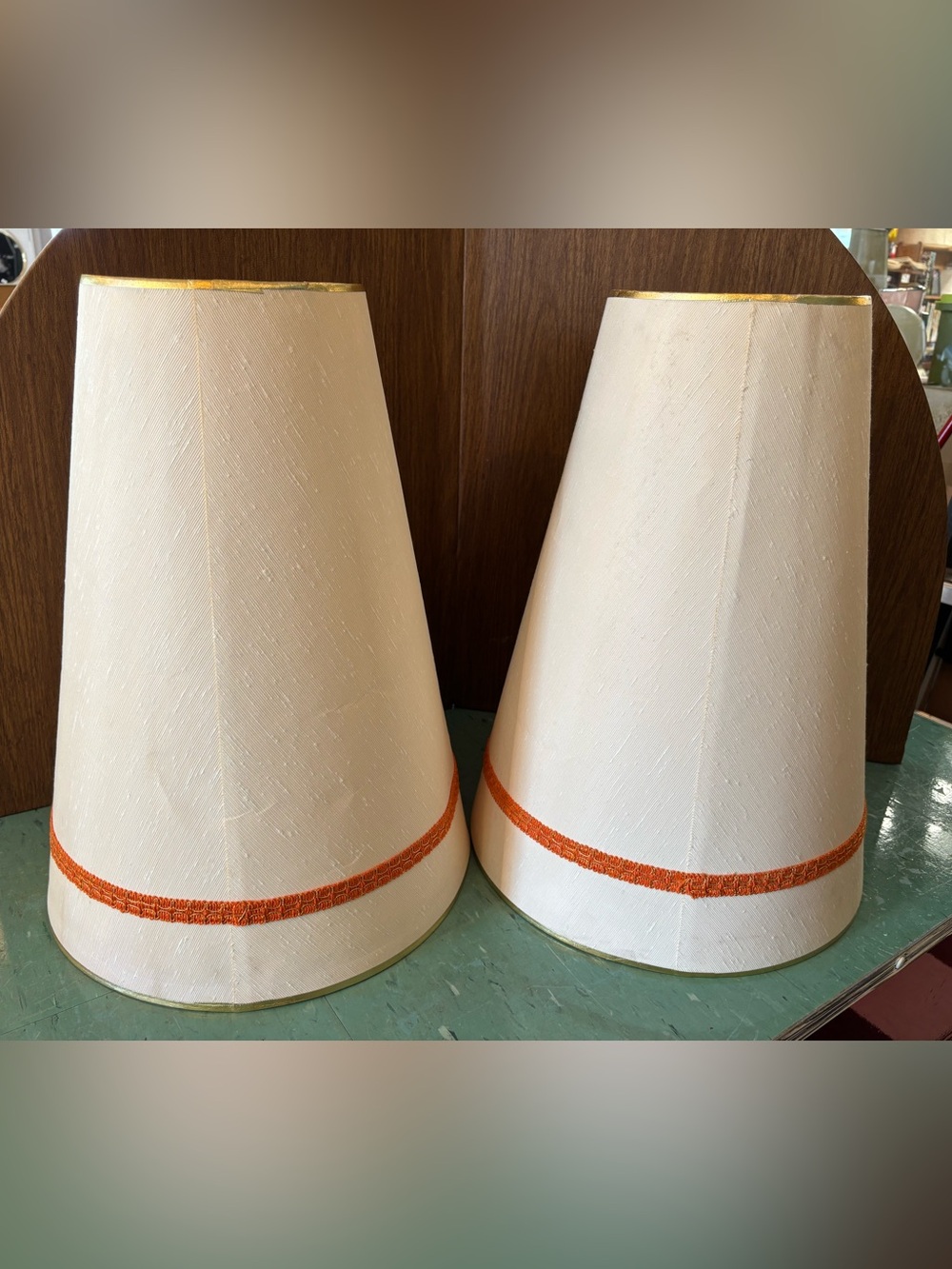 Pair vintage tall cone lampshades 1960’s 1970’s off white gold orange trim